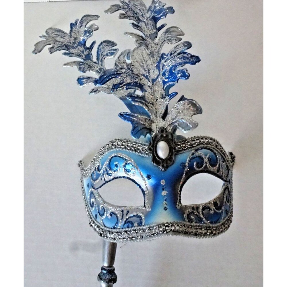 Beautiful Venetian Hand Painted Mask Venice Blue Masquerade with Handle Dated
